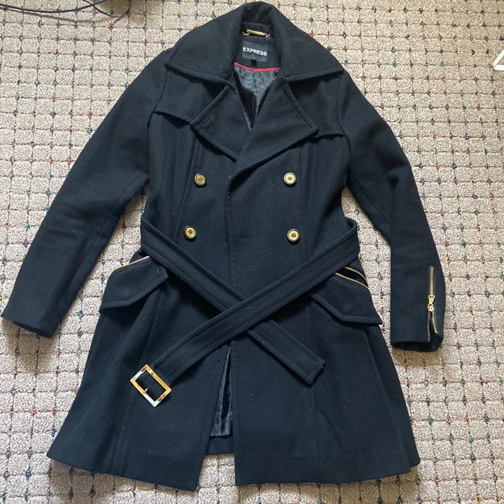 Express winter wool trench coat in black w gold buttons and zippers size XS